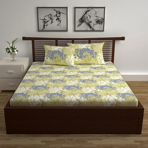 100% Cotton Double Bedsheet With 2 Pillow Cover - 87 X 100 Inches, Lemon Green | Lightweight, Soft, Skin Friendly - Durable Bedsheets For Everyday Comfort