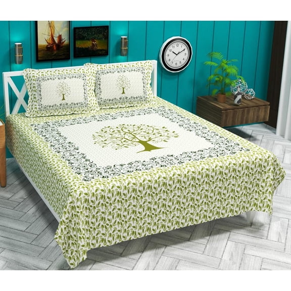 100% Cotton Double Bedsheet With 2 Pillow Covers - 90 X 90 Inches, Light Green | Printed Traditional Rajasthani Jaipuri Pattern Floral Double Bedsheet
