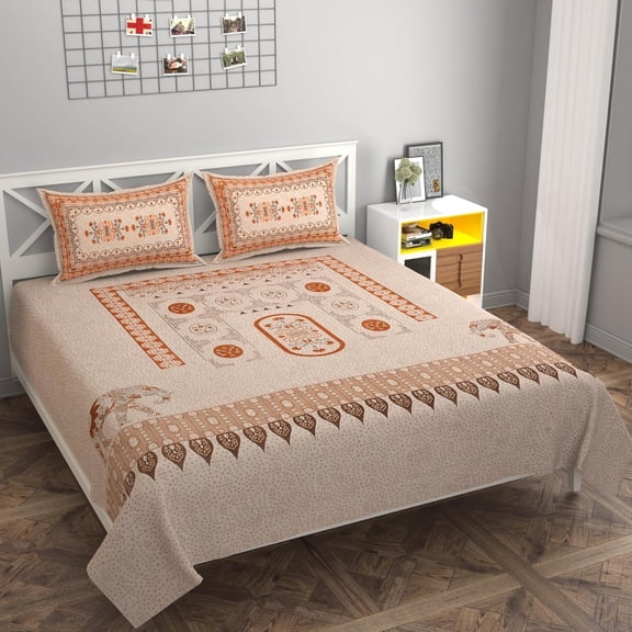 100% Cotton Double Bedsheet With 2 Pillow Covers Rajasthani Jaipuri Traditional Floral King Size Bedsheet - 90 X 90 Inches, Beige | 200 Thread Count Bedsheet