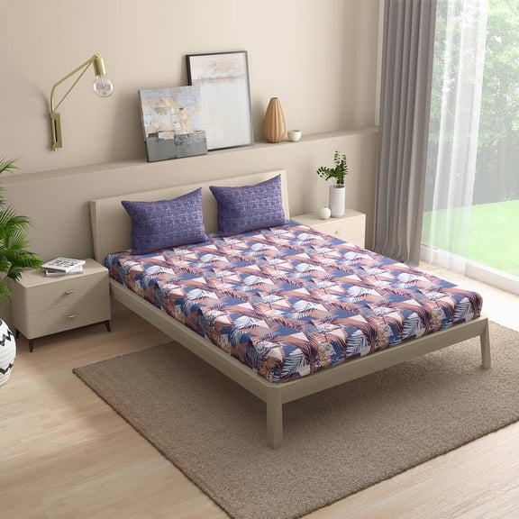 100% Cotton Double Bedsheet For Queen Size With 2 Pillow Covers 75 X 60 Inches, Multicolor | Durable & Long Lasting - All Around Elastic Fitted Sheet
