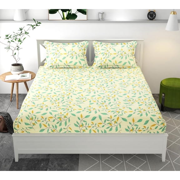 100% Cotton Double Bedsheets With 2 Matching Pillow Covers | 86 X 90 Inches, Beige & Green | Soft & Comfortable Bed Sheets - Ideal For Everyday Use