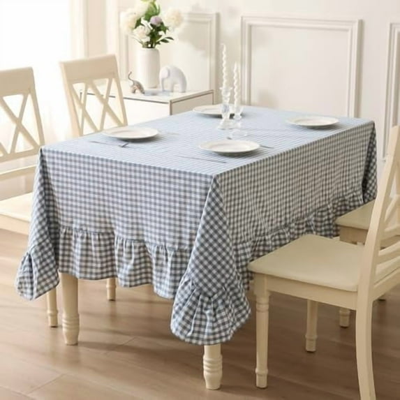 100% Cotton Dust Blue Plaid Ruffled Table Cloth for Rectangle Table Seat 4-6, Classic Farmhouse Checker Gingham Vintage Decorative Tablecloth - 70"x52"