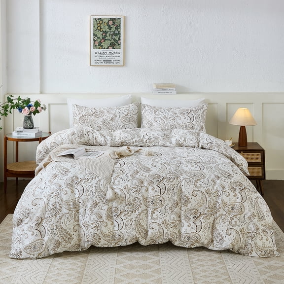 100% Cotton Duvet Cover - 3 Pcs Grey Paisley Comforter Cover, Soft & Breathable Floral Bedding Duvet Cover Sets with Zipper Closure for All Season
