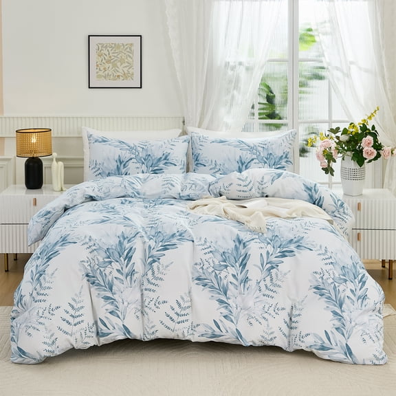 100% Cotton Duvet Cover 3 Pieces, Blue Leaf Duvet Cover with Zipper Closure, Soft Floral Bedding Set White and Blue for All Season, Breathable, Ultra Soft