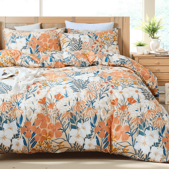 100% Cotton Duvet Cover – Autumn Botanical Floral Duvet Cover Set with Zipper Closure, 3-Piece Soft Breathable Percale Weave Bedding Set for All Seasons