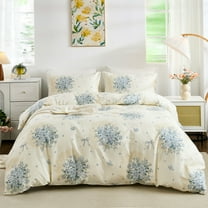 100% Cotton Duvet Cover Chic Shabby Garden Blue Floral Bedding Set Vintage Soft&Breathable Cream Comforter Cover Set with Zipper Closure