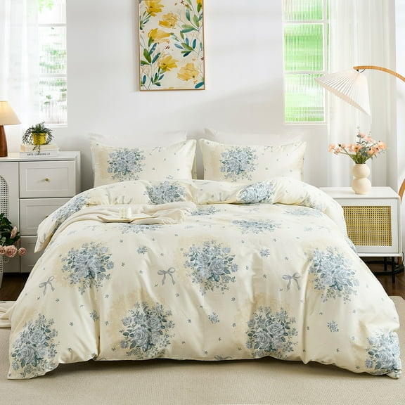 100% Cotton Duvet Cover Chic Shabby Garden Blue Floral Bedding Set Vintage Soft&Breathable Cream Comforter Cover Set with Zipper Closure