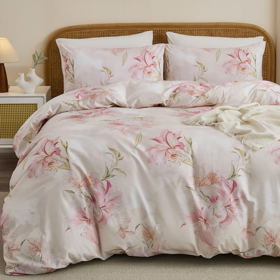 100% Cotton Duvet Cover – Elegant Blush Lily Pink Floral Duvet Cover Set with Zipper Closure, 3-Piece Soft Breathable Natural Cotton Bedding Set for All Seasons