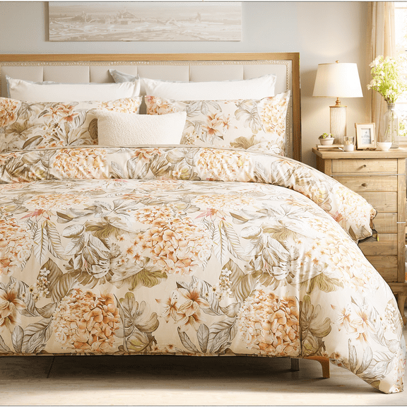 100% Cotton Duvet Cover – Hydrangea Lily Floral Duvet Cover Set with Zipper Closure & Corner Ties, 3-Piece Silky Soft & Breathable Apricot Bedding Set for All Seasons