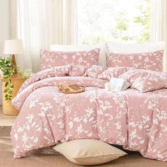 100% Cotton Duvet Cover King Size – Pink Botanical Bedding Set with Zipper Closure 3 Pcs White Leaf Floral Print Soft & Breathable Bedding Comforter Cover