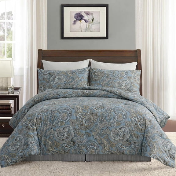 100% Cotton Duvet Cover Queen Size Blue Boho Paisley Pattern Duvet Cover Sets with Zipper Closure 3 Pcs Soft & Breathable Luxury Bedding Sets