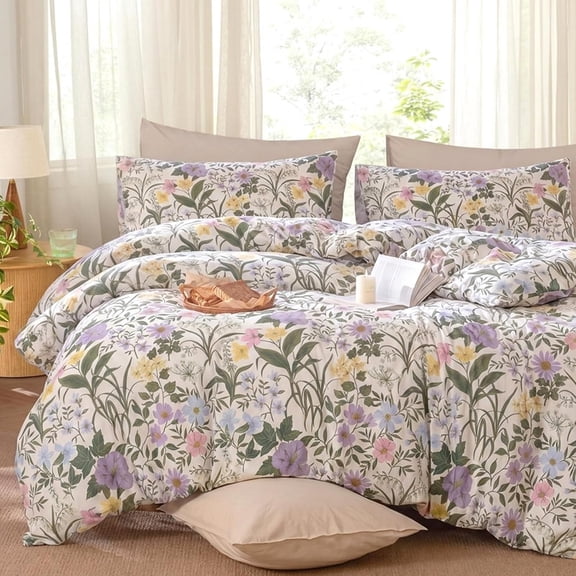100% Cotton Duvet Cover Queen Size – Purple Floral Botanical Bedding Set with Zipper Closure, 3 Pcs Breathable and Soft Duvet Cover for All Seasons