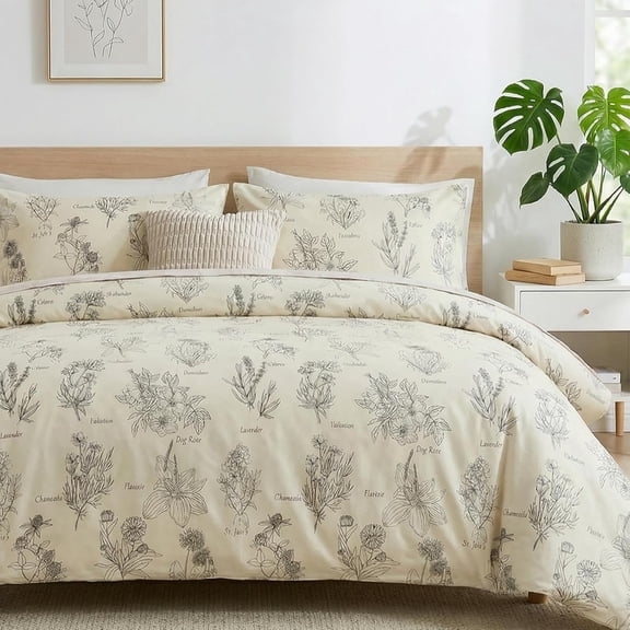 100% Cotton Duvet Cover Queen Size, Vintage Design with Luxrious Black Sketched Flowers & Leaves on Cream, 3 Pcs Breathable and Soft Duvet Cover for All Season
