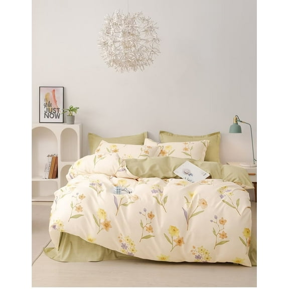 100% Cotton Duvet Cover Set 3 Pcs  Queen 1 Comforter Cover 2 Pillowcases Bedding Set Floral Printed Soft Breathable