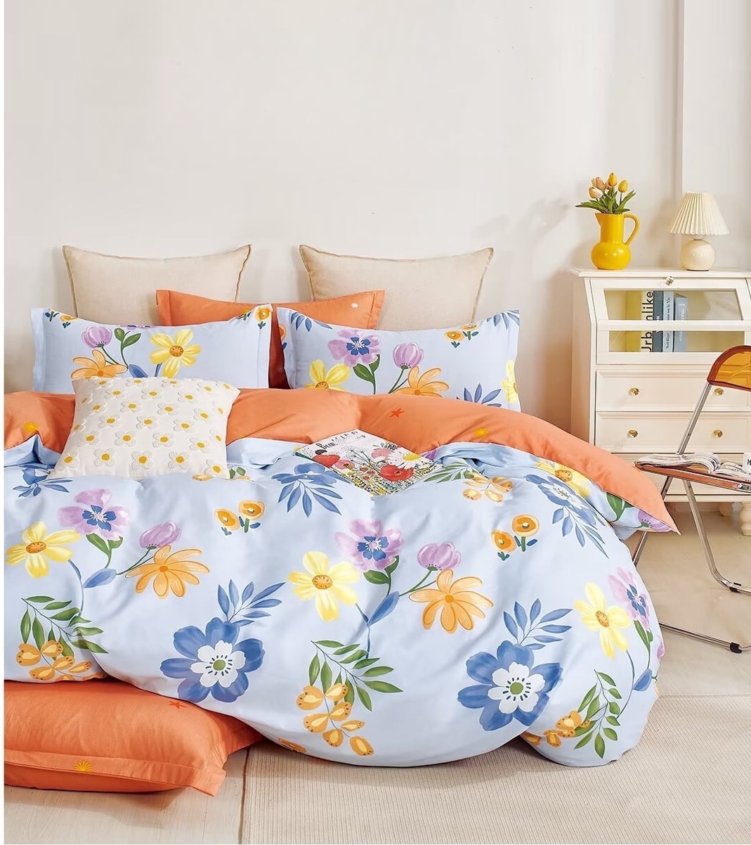 100% Cotton Duvet Cover Set 3Pcs Queen 1 Comforter Cover 2 Pillowcases Bedding Set Floral Printed Soft Breathable
