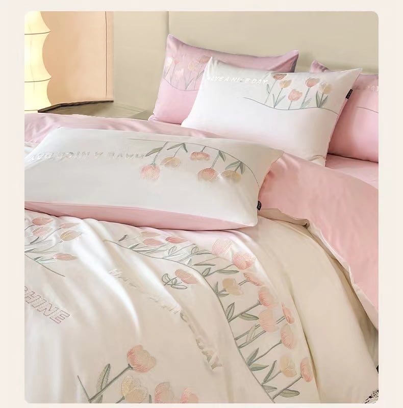 100% Cotton Duvet Cover Set 3Pcs Queen Exquisite Embroidery Pink Comforter Cover 2 Pillowcases Soft Breathable