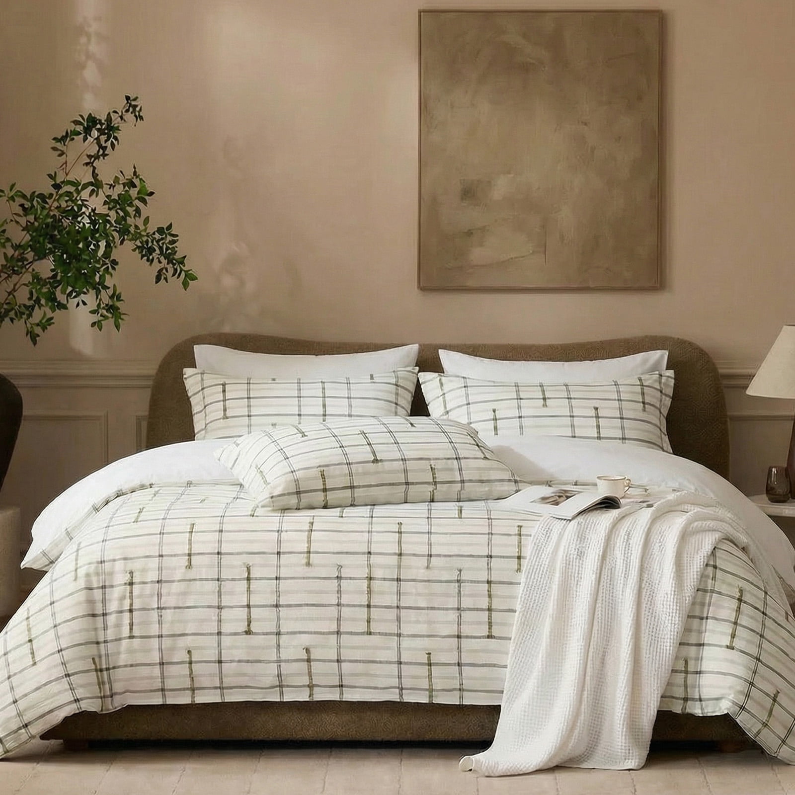 100% Cotton Duvet Cover Set , Neutral Grid Striped Tufted Duvet Cover, Soft Breathable Comforter Cover with Zipper Closure, Modern Minimalist Bedding Set