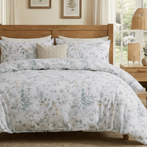 100% Cotton Duvet Cover Set  Vintage Chic Style Green Floral Duvet Cover Lightweight Floral Bedding Set with Zipper Closure for All Season, Exquisite, Ultra Soft