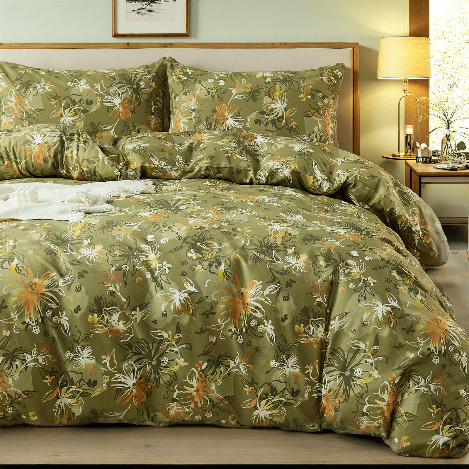 100% Cotton Duvet Cover - Vintage Olive Green Floral Duvet Cover Set ...