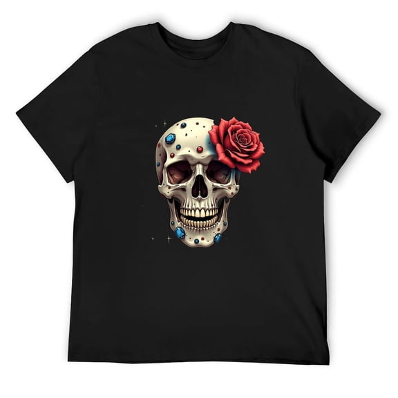 [100% Cotton]Ethereal Skull with Rose And Gemstones Men's Fashionable Printed Loose Short Sleeve T-Shirt | Exquisite Design | Summer  | Easy To Pair, Showcases Your Style