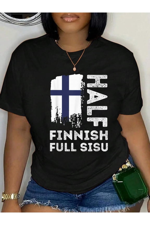 100% Cotton FUnny trendy gift tee Half Finnish Full Sisu Unisex-Adults Black T-Shirt Small.jp Women's Graphic Tee Casual Tops