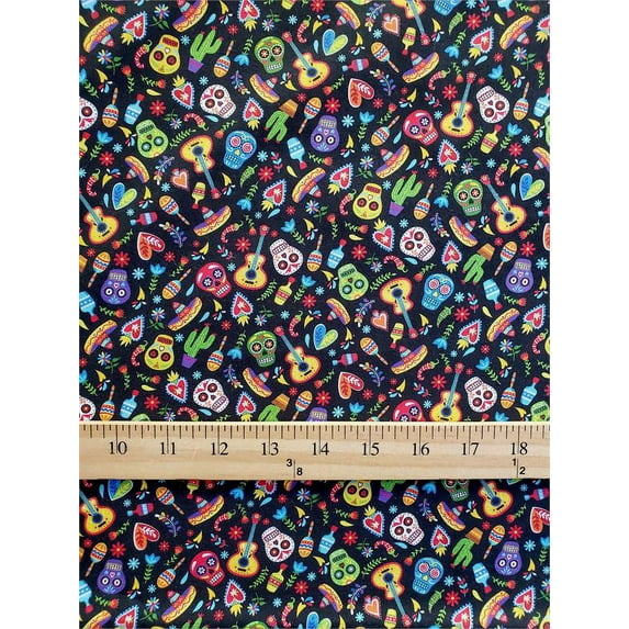 100% Cotton Fabric "Dia De Los Muertos COLORFUL Calaveras Print /45" Wide/ SBY