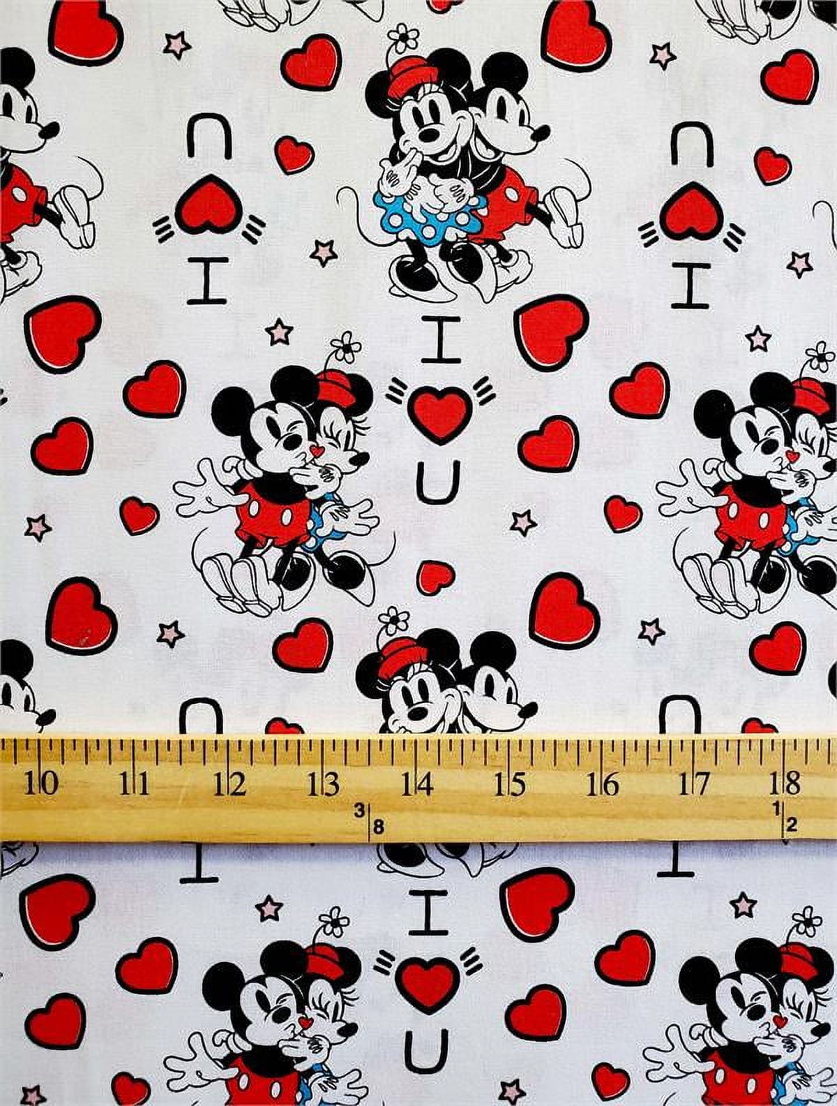 100% Cotton Fabric "Mickey & Minnie Mouse, I Love You" Print / 45" Wide / SBY