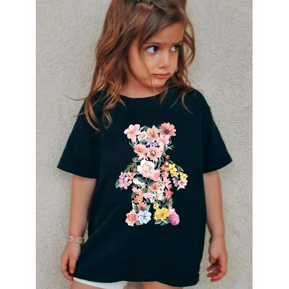 100% Cotton Fashion Girls' T-Shirt with Cute Cartoon Flower Bear Print - Casual, hine Washable, Round Neck, Loose Fit for Summer, Tween Girl Clothes