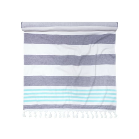 100% Cotton Filippo Fouta Beach Towel, Lightweight, Soft and Absorbent Terry Cloth Backing,Nautical Stripes Pattern Travel Bath Towel , 35" x 68", Dusky Blue by Blue Nile Mills