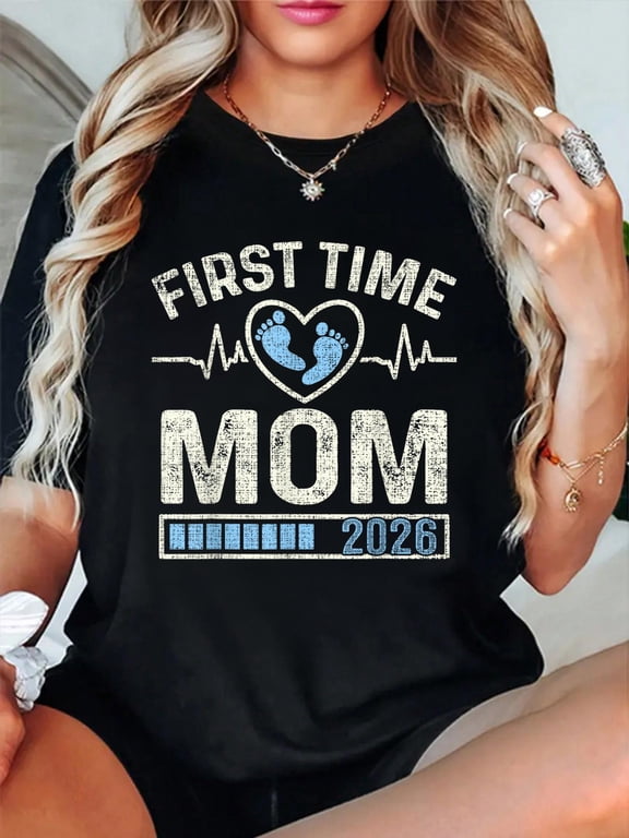100% Cotton First Time Mom 2026 Expecting Baby Funny Promoted to Mother T-Shirt Print Round Neck Cotton T-Shirt, Summer Women's Tops, gift