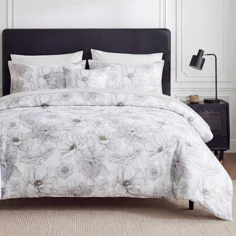 100% Cotton Floral Duvet Cover Set King Size, Ink Style Gray Sketch Floral Bedding, 3 Pcs with Zipper Closure & Corner Ties, Soft Breathable Duvet Cover for All Seasons