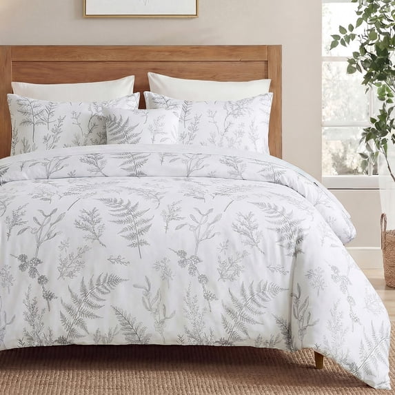 100% Cotton Floral Duvet Cover Set Queen Size, Gray Branches Floral Bedding, 3 Pcs with Zipper Closure & Corner Ties, Soft Breathable Duvet Cover for All Seasons