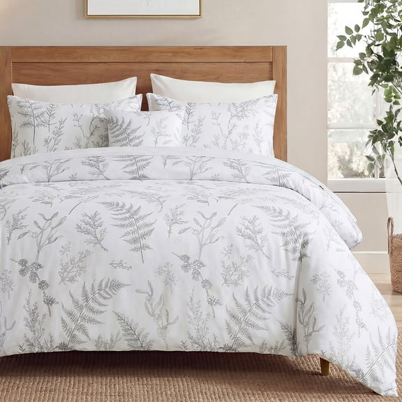 100% Cotton Floral Duvet Cover Set Queen Size, Gray Branches Floral Bedding, 3 Pcs with Zipper Closure & Corner Ties, Soft Breathable Duvet Cover for All Seasons