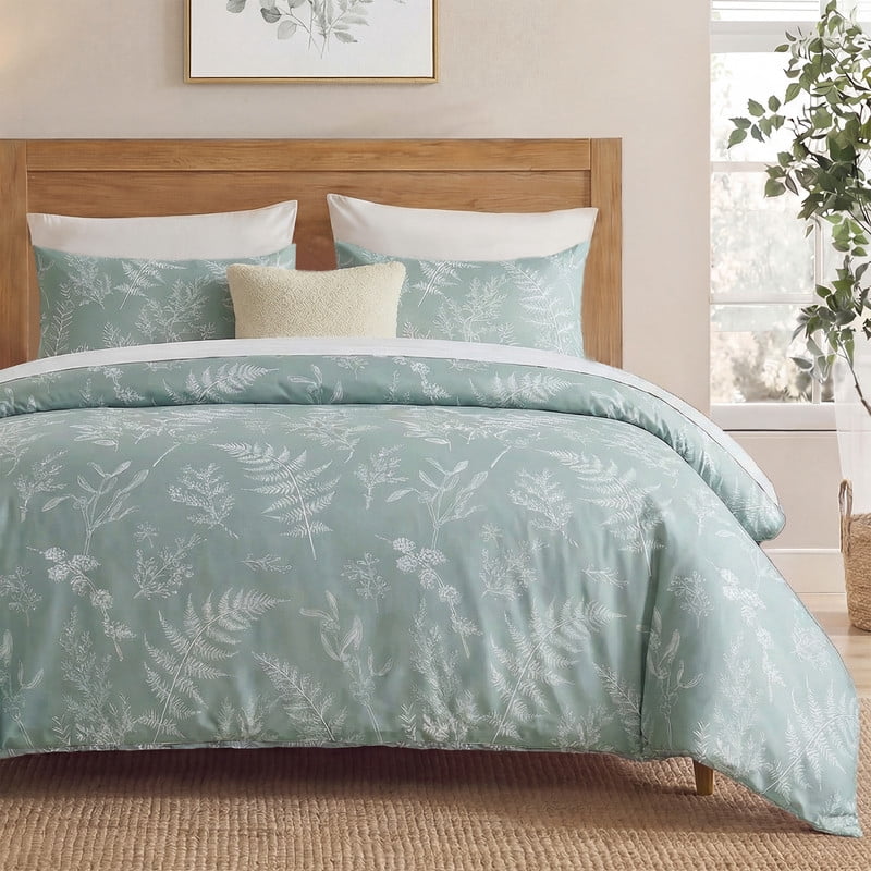 100% Cotton Floral Duvet Cover Set Queen Size, Green Branches Botanical Bedding, 3 Pcs with Zipper Closure & Corner Ties, Soft Breathable Duvet Cover for All Seasons