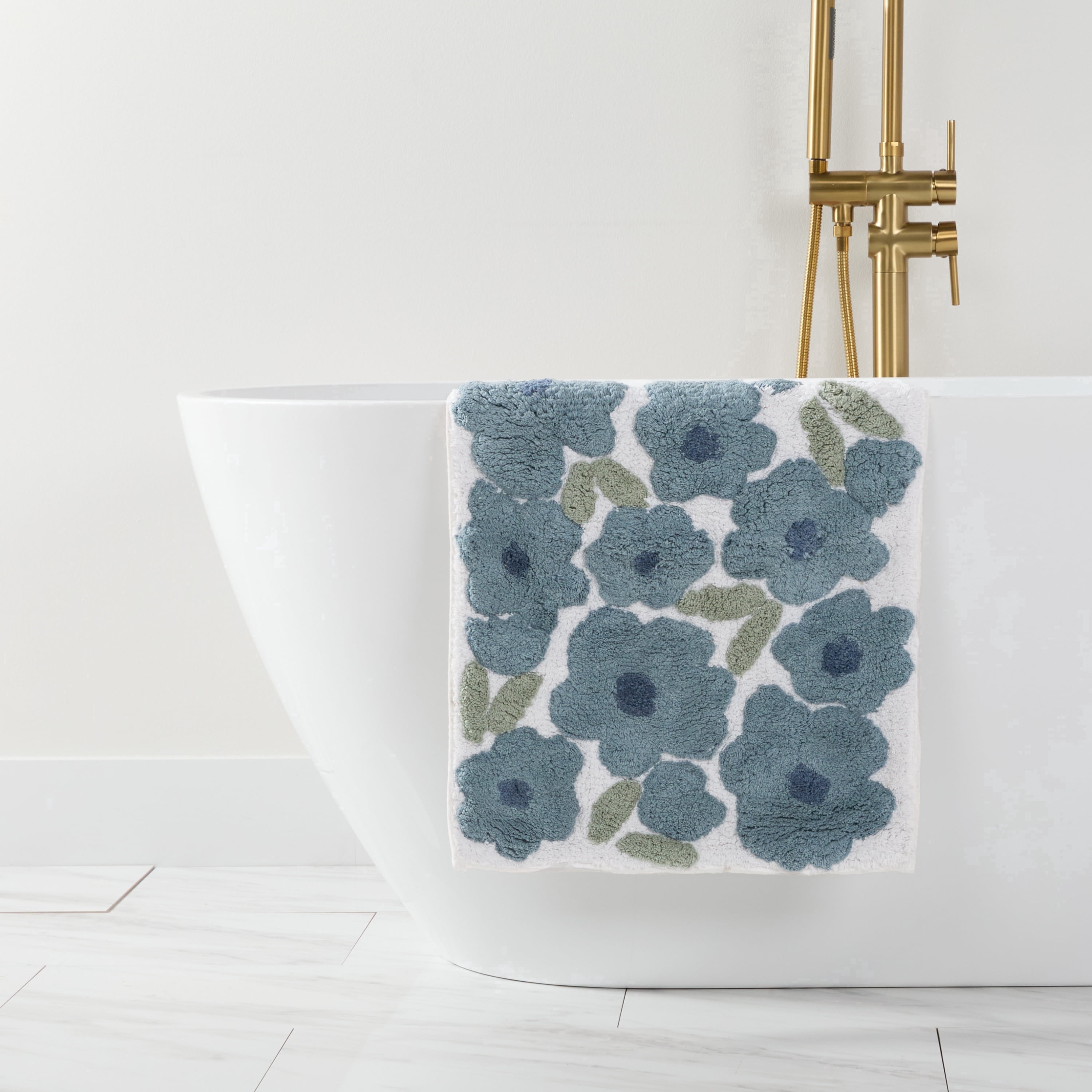 100% Cotton Floral Patterned Bath Mat by Comfort Canopy, Light Blue Blossoms, 24" x 17"