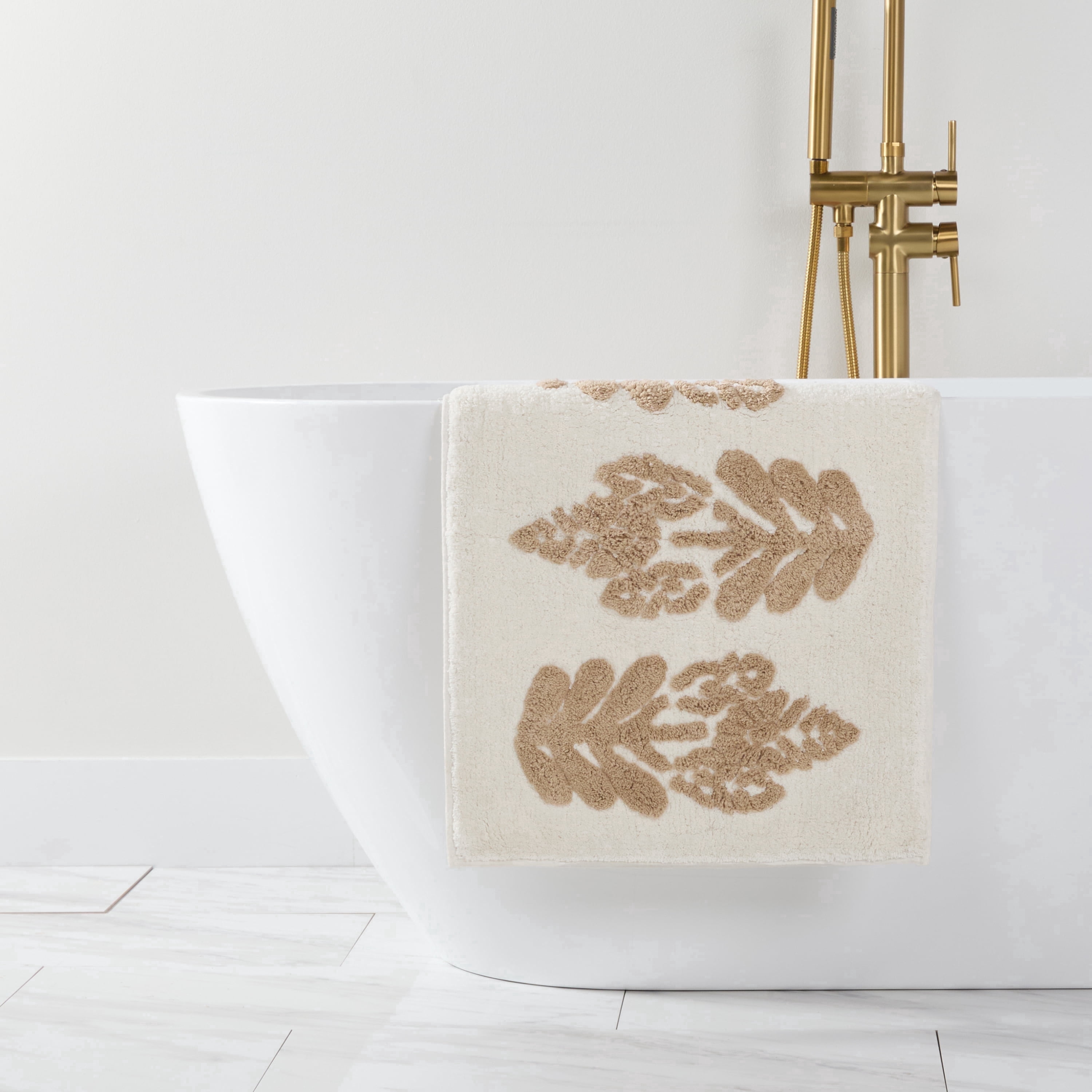 100% Cotton Floral Patterned Bath Mat by Comfort Canopy, Natural Folk Leaves, 24" x 17"