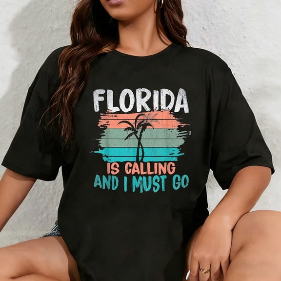 100% Cotton Florida Calls and I Must Go Retro Palm Trees Funny Florida T-Shirt