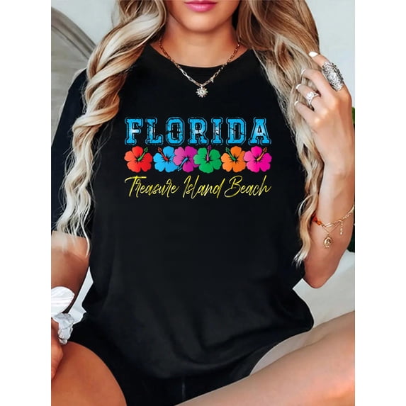 100% Cotton Florida Treasure Island Beach Family Vacation Souvenir T-Shirt Print Round Neck Cotton T-Shirt, Summer Women's Tops, gift