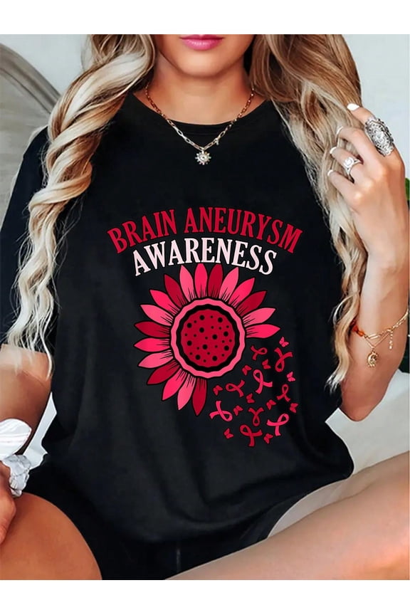 100% Cotton Flower Ribbon Brain Aneurysm Awareness Month Support Graphic T-Shirt