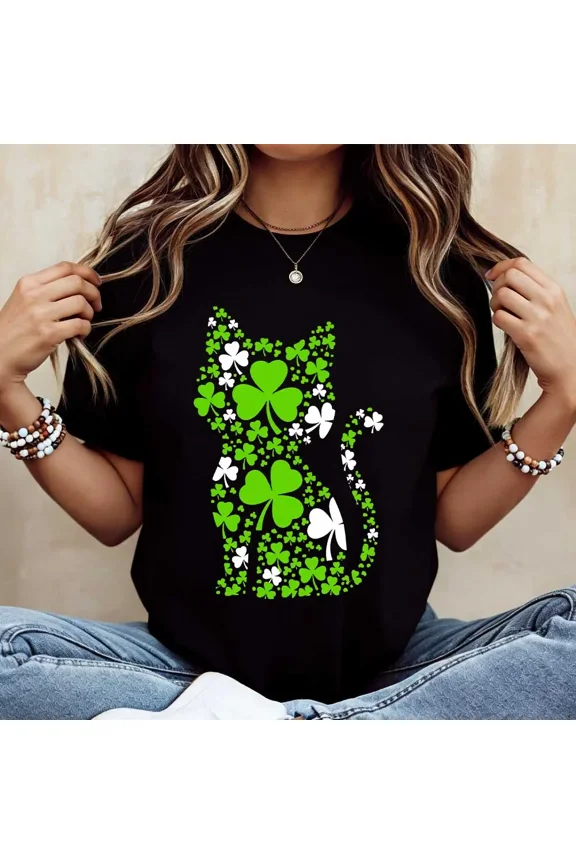 100% Cotton Four Leaf Clover Cat Print T Shirt White Crewneck Casual Wear For St Patrick's Day Golf Gift T-Shirt For Men and Women