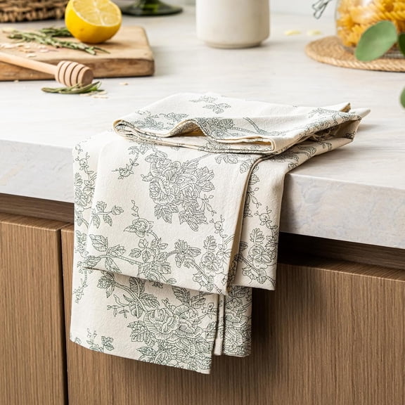 100% Cotton French Pastoral Kitchen Towels Set of 2, Decorative Flour Sack Tea Towels with Hanging Loop 18x25 Inch Absorbent Dish Cloths Farmhouse Home Decor, Green