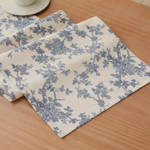 100% Cotton French Pastoral Table Runners, 13x108 Inch Blue Farmhouse Table Runners 108 Inches Long, Vintage Flowers Print Home Decors