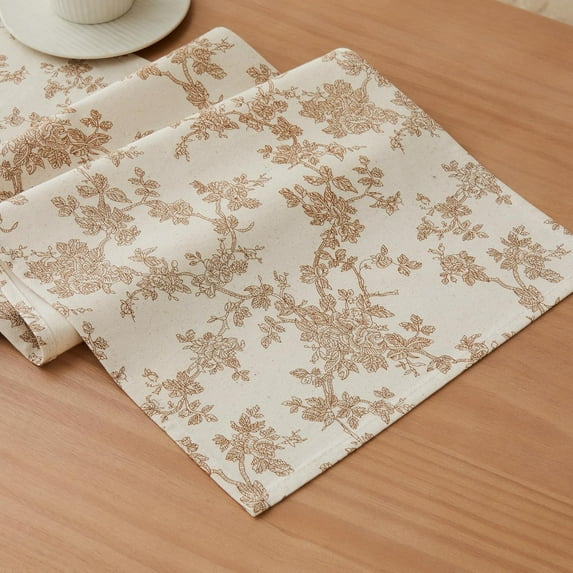 100% Cotton French Pastoral Table Runners, 13x108 Inch Brown Farmhouse Table Runners 108 Inches Long, Vintage Flowers Print Home Decors