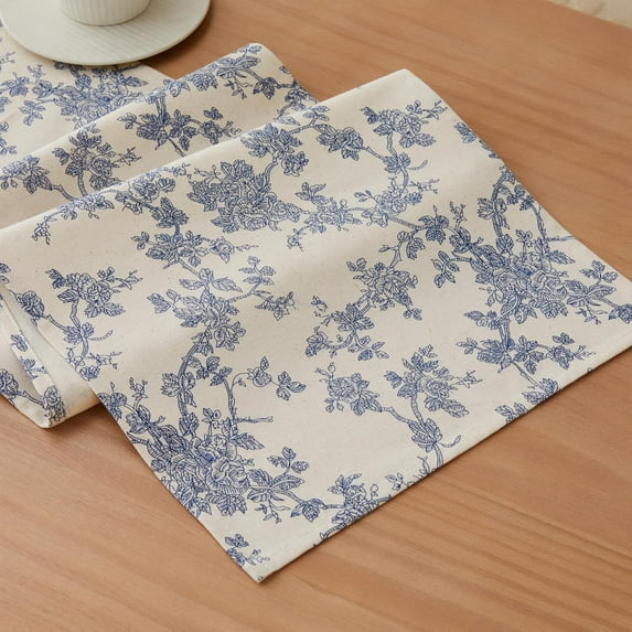 100% Cotton French Pastoral Table Runners, 13x48 Inch Blue Farmhouse Table Runners 48 Inches Long, Vintage Flowers Print Home Decors