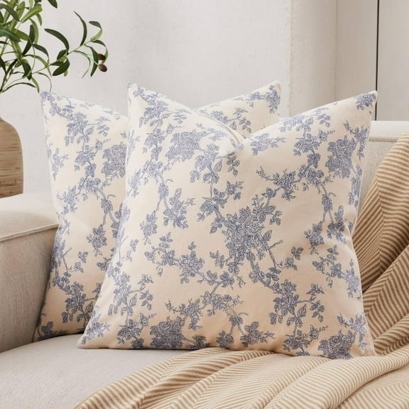 100% Cotton French Pastoral Throw Pillow Covers Set of 2, 16x16 Inch Double Sided/Blue, Farmhouse Decorative Cushion Covers for Sofa Bed Living Room Home Decor