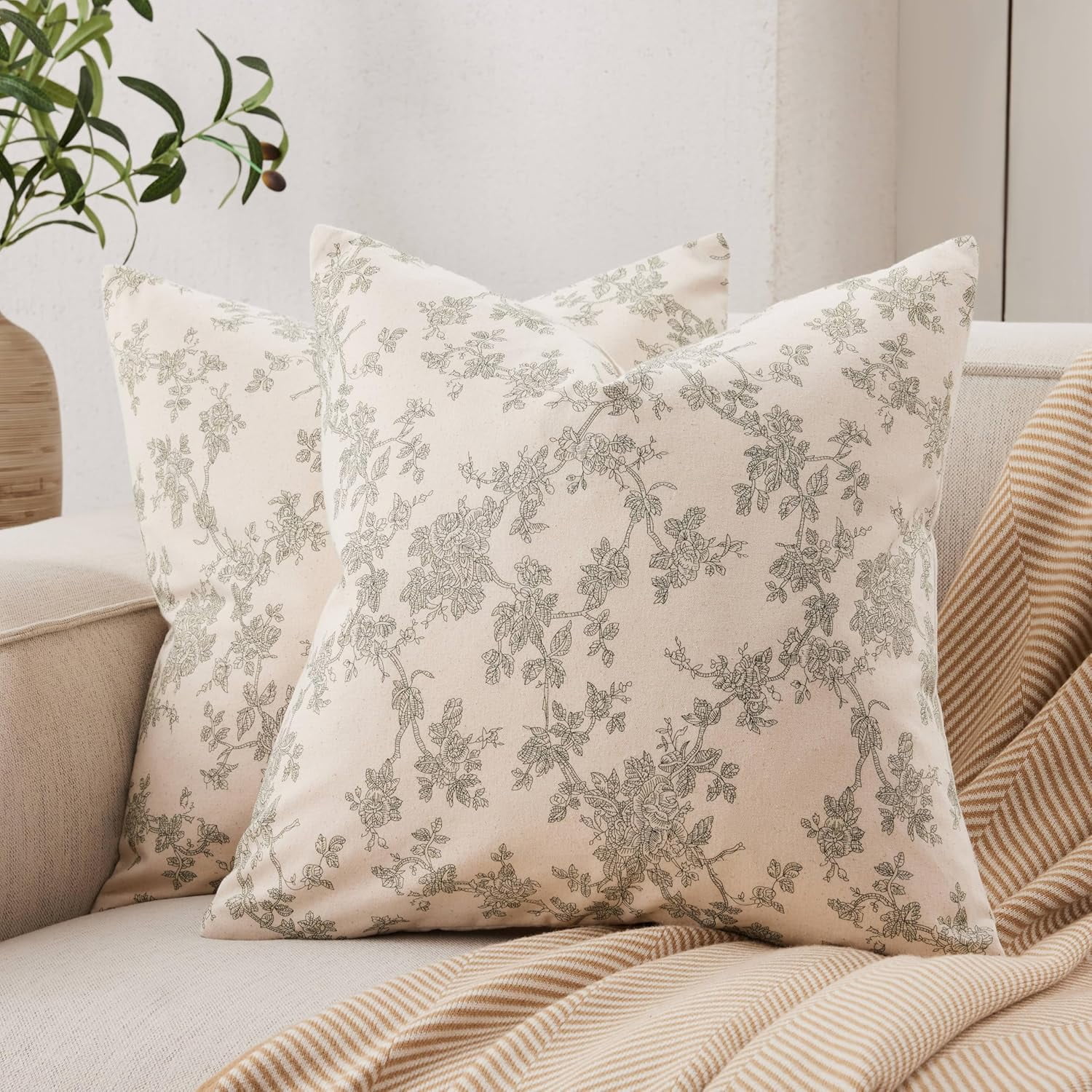 100% Cotton French Pastoral Throw Pillow Covers Set of 2, 20x20 Inch Double Sided/Green, Farmhouse Decorative Cushion Covers for Sofa Bed Living Room Home Decor