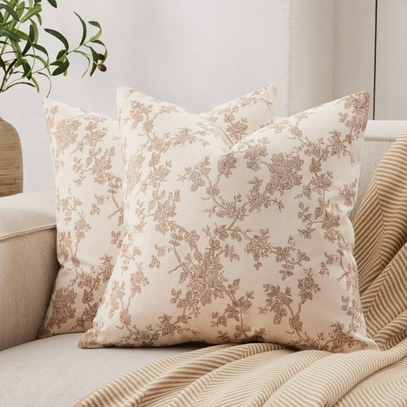 100% Cotton French Pastoral Throw Pillow Covers Set of 2, 16x16 Inch Brown Farmhouse Decorative Cushion Covers for Sofa Bed Living Room Home Decor