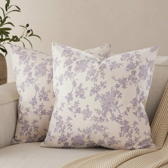 100% Cotton French Pastoral Throw Pillow Covers Set of 2, 16x16 Inch Purple Farmhouse Decorative Cushion Covers for Sofa Bed Living Room Home Decor