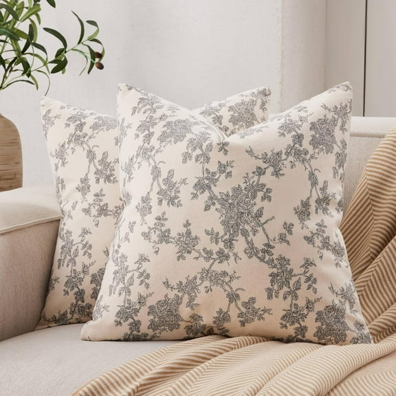 100% Cotton French Pastoral Throw Pillow Covers Set of 2, 20x20 Inch Black Farmhouse Decorative Cushion Covers for Sofa Bed Living Room Home Decor