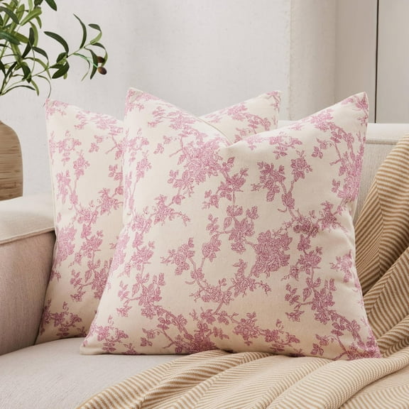 100% Cotton French Pastoral Throw Pillow Covers Set of 2, 20x20 Inch Pink Farmhouse Decorative Cushion Covers for Sofa Bed Living Room Home Decor